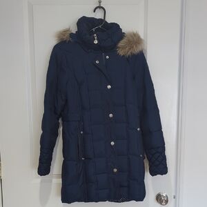 Betsey Johnson Navy Puffer Coat with Faux Fur Hood